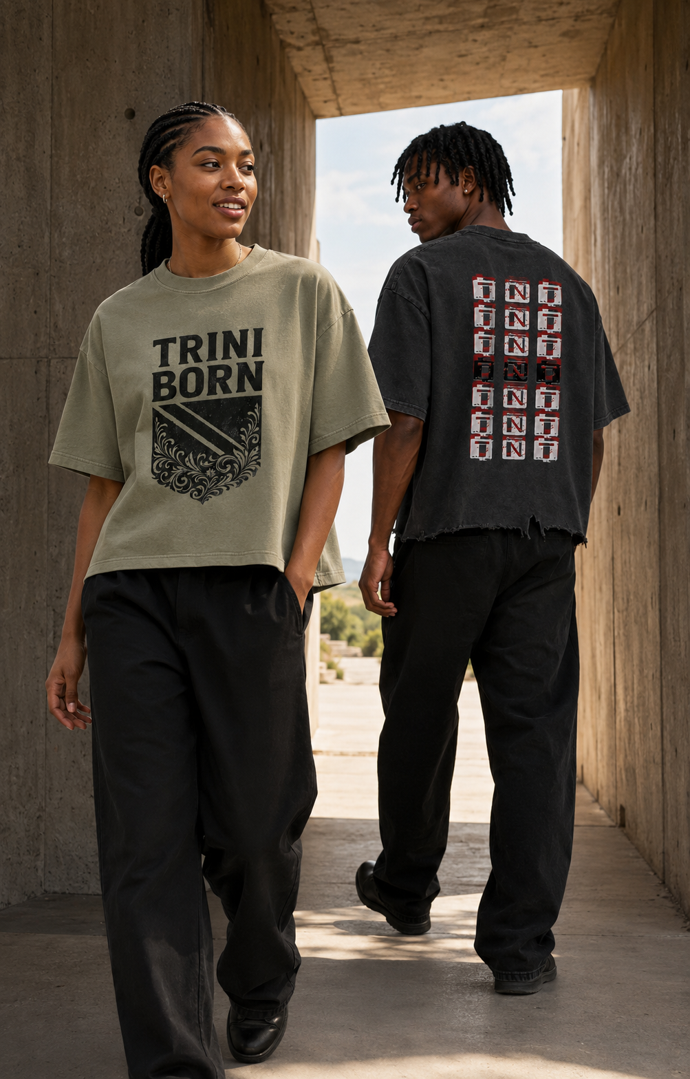 Two models wearing Trini Born Brand Culture Tees in an outdoor corridor — woman in olive green oversized tee with Trini Born crest graphic, man showing the back of a black distressed heavyweight tee with TNT repeat print