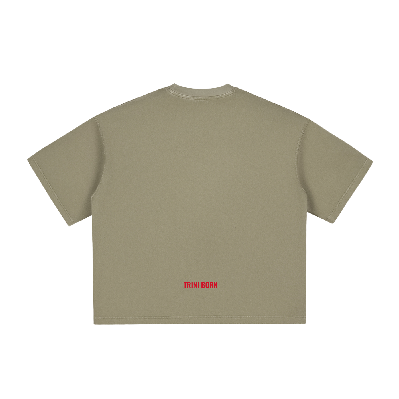 Back view of the Trini Born Culture Tee Arrival Edition in gray green featuring the signature red Trini Born logo at the lower back. Premium oversized boxy fit Caribbean heritage apparel made for everyday wear.