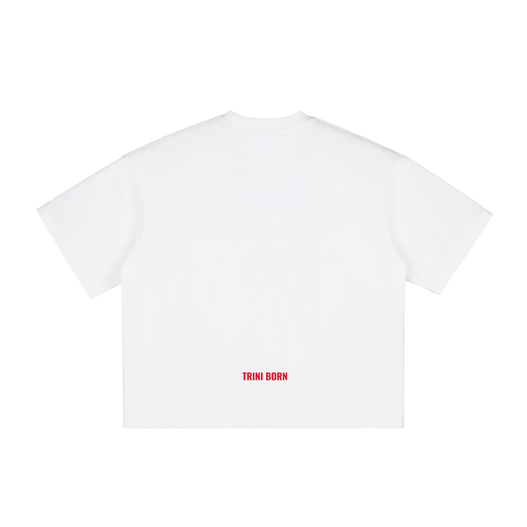 Back view of the Trini Born Culture Tee Arrival Edition in white featuring the minimalist red Trini Born logo near the hem. Clean oversized boxy fit premium Caribbean streetwear for everyday style.