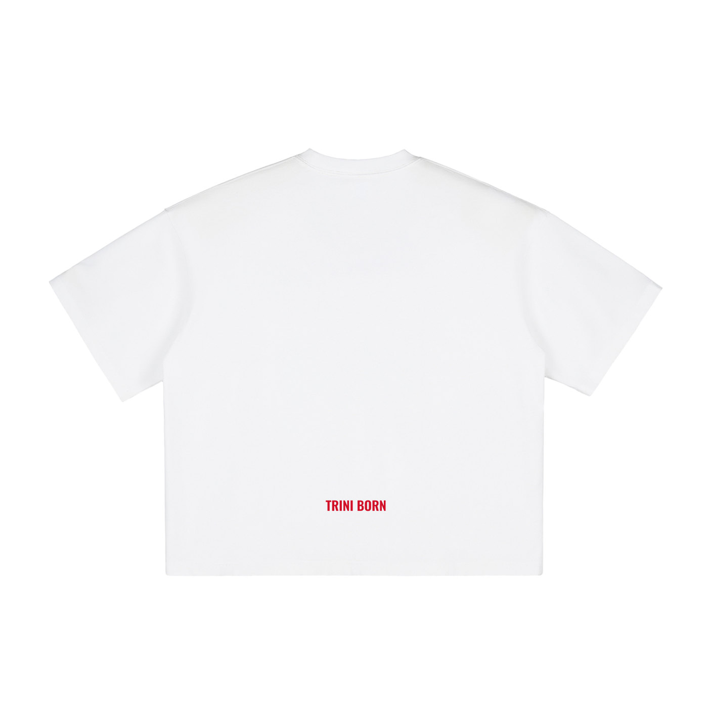 Back view of the Trini Born Culture Tee Arrival Edition in white featuring the minimalist red Trini Born logo near the hem. Clean oversized boxy fit premium Caribbean streetwear for everyday style.