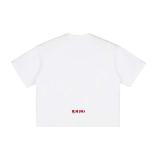 Back view of the Trini Born Culture Tee Arrival Edition in white featuring the minimalist red Trini Born logo near the hem. Clean oversized boxy fit premium Caribbean streetwear for everyday style.