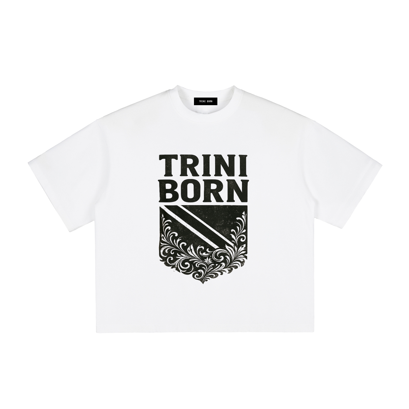 Trini Born Culture Tee Arrival Edition in white with bold black Trinidad-inspired crest graphic. Premium heavyweight cotton oversized boxy fit unisex Caribbean fashion celebrating Trinidad and Tobago heritage