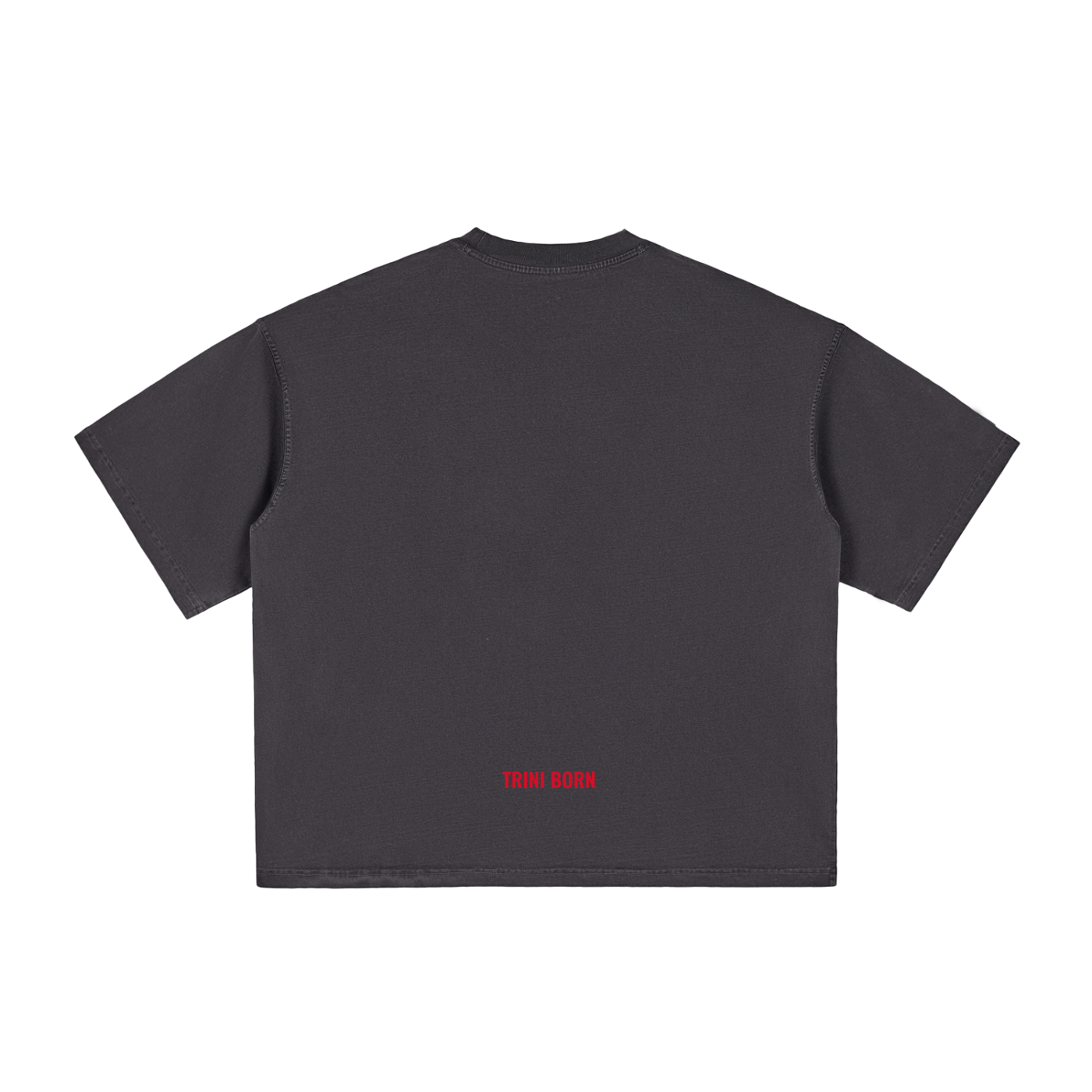 Back view of the Trini Born Culture Tee Arrival Edition in charcoal featuring the signature red Trini Born logo at the lower back. Premium oversized boxy fit Caribbean streetwear inspired by Trinidad and Tobago culture.
