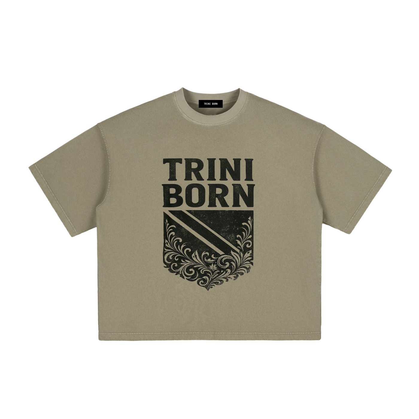 rini Born Culture Tee Arrival Edition in gray green with black Trinidad-inspired crest graphic. Premium heavyweight cotton oversized boxy fit unisex streetwear inspired by Trinidad and Tobago culture.