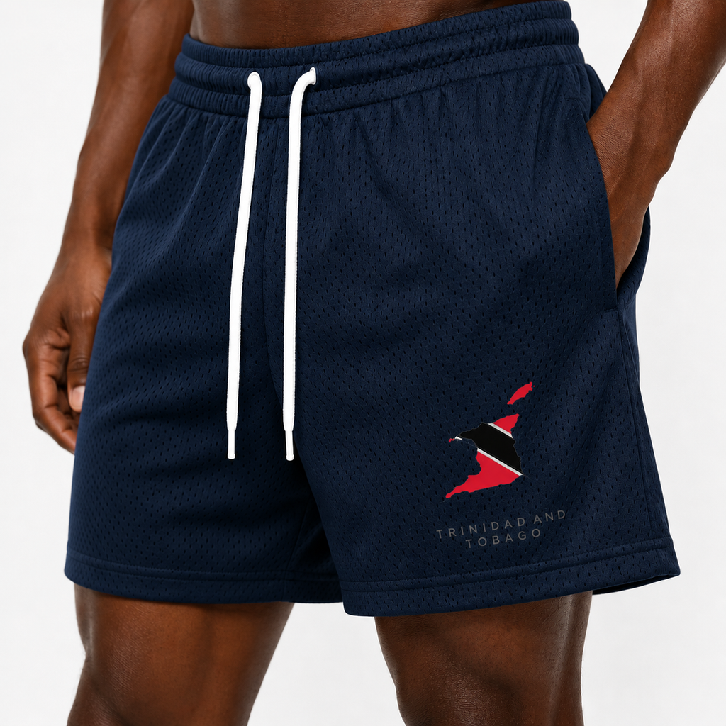 Close-up of Trini Born navy mesh shorts showing breathable mesh, white drawstring and Trinidad and Tobago graphic.