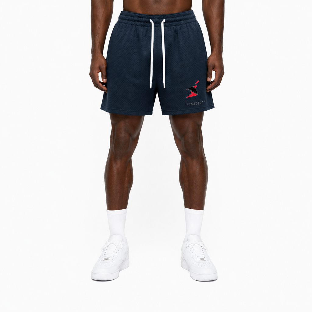 Trini Born navy mesh shorts on model, front view with Trinidad and Tobago map graphic and white drawstring.