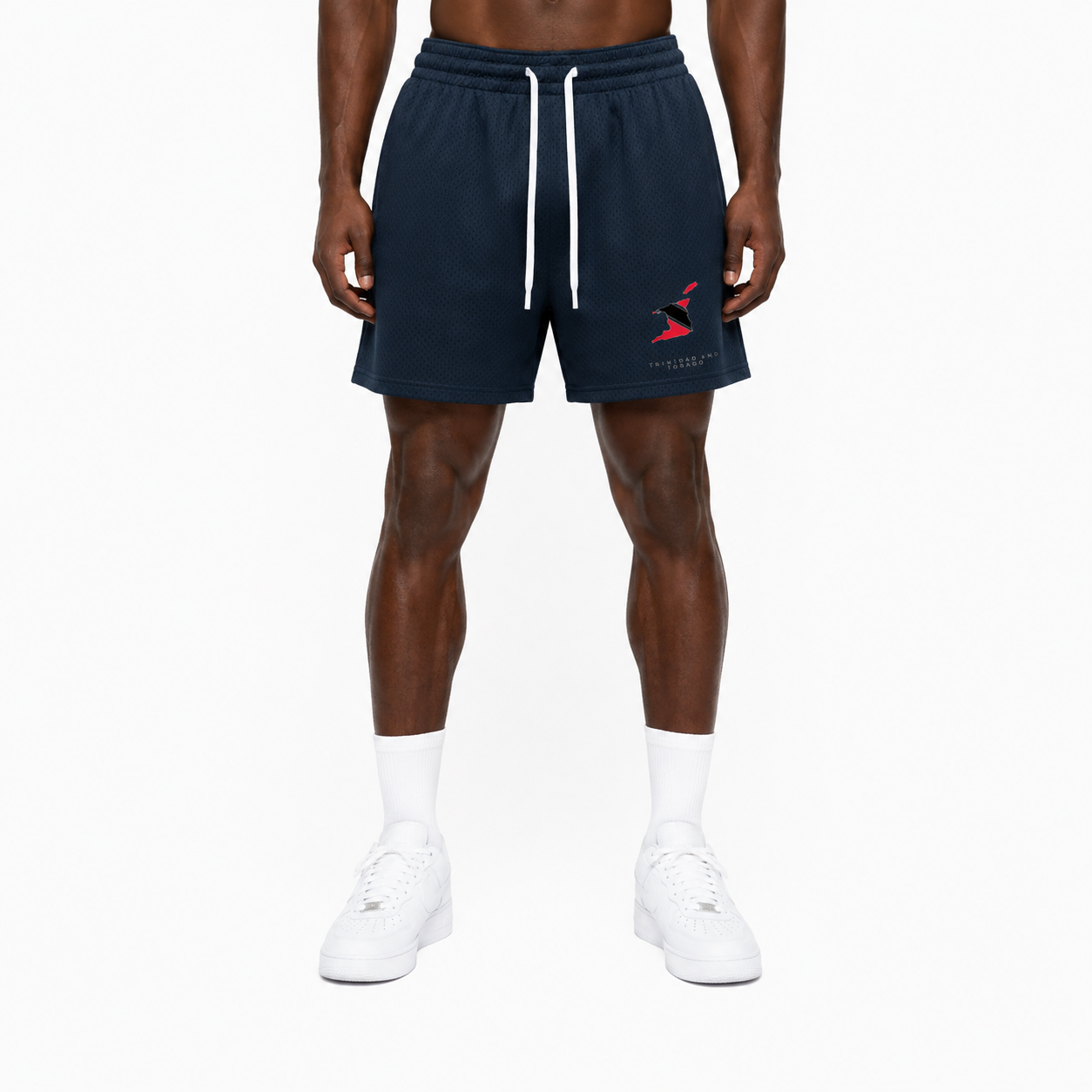 Trini Born navy mesh shorts on model, front view with Trinidad and Tobago map graphic and white drawstring.