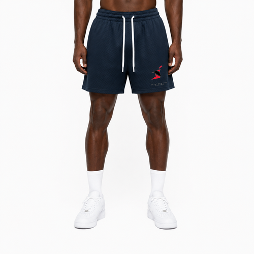 Trini Born navy mesh shorts on model, front view with Trinidad and Tobago map graphic and white drawstring.