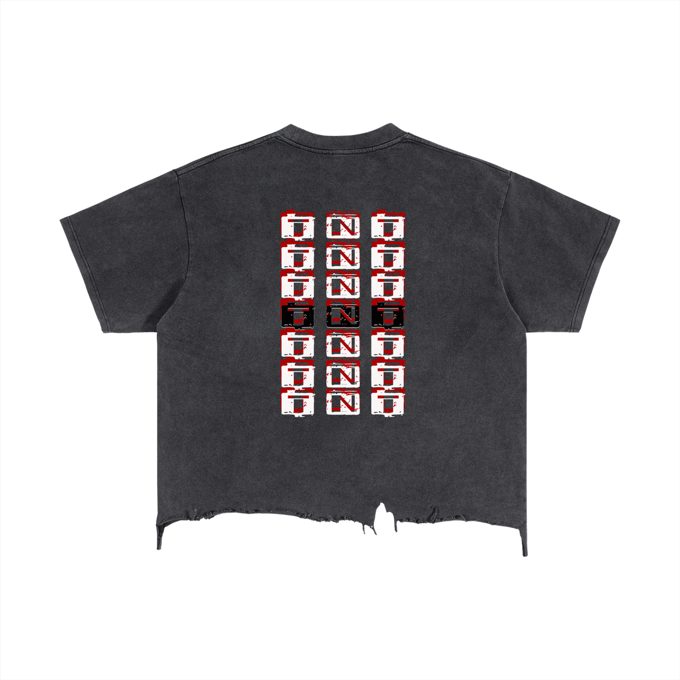 Trini Born Culture Tee in washed black back view, oversized cropped Trinidad streetwear shirt with TNT graphic in black white and red and raw hem.