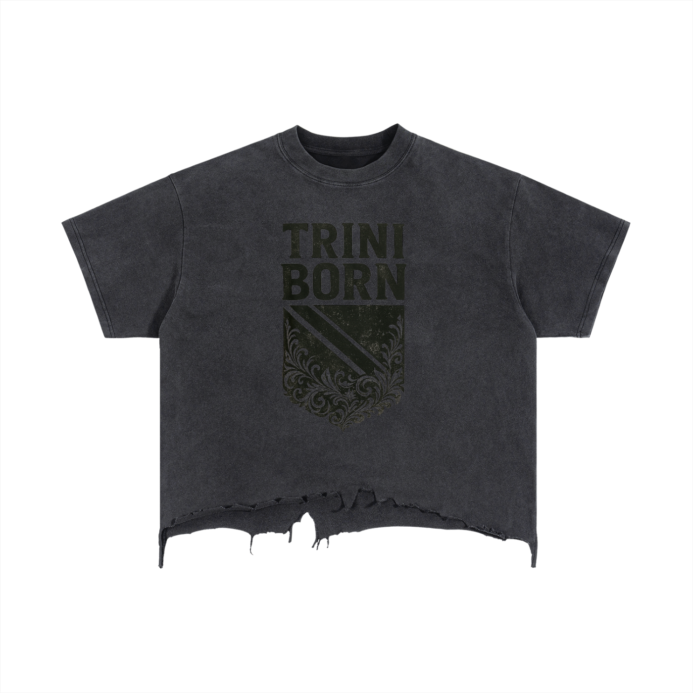 Trini Born Culture Tee in washed black front view, oversized cropped Trinidad streetwear shirt with crest graphic and raw hem