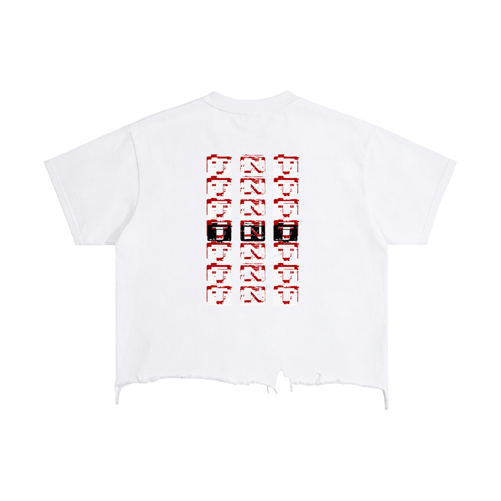 Trini Born Culture Tee in white back view, oversized cropped Trinidad streetwear shirt with TNT graphic in black white and red and raw hem